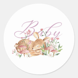 Sticker Rond Aquarelle Cerf de Bébé et fleurs