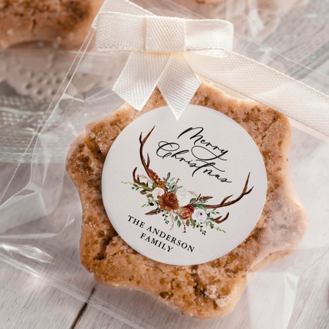 Sticker Rond aquarelle cerf floral joyeux noël (Créateur téléchargé)