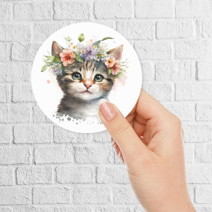 Sticker Rond Aquarelle Chat avec couronne de fleurs