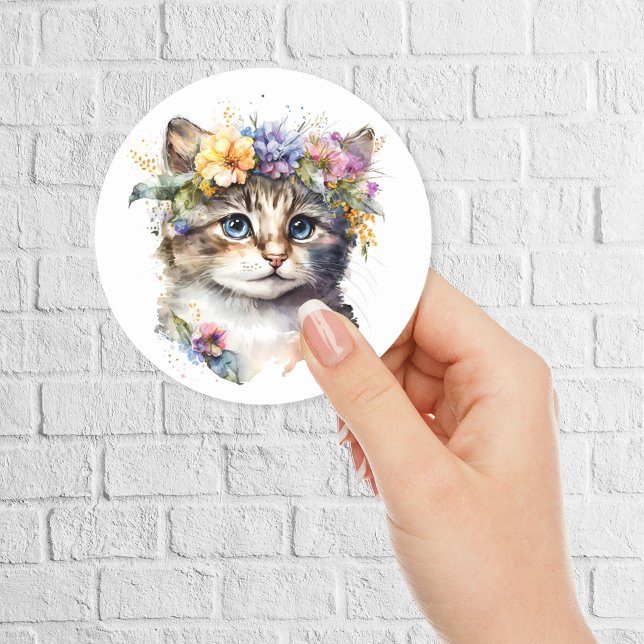 Sticker Rond Aquarelle Chat avec couronne de fleurs (Créateur téléchargé)