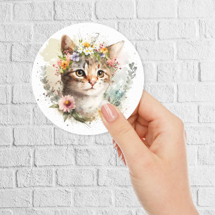 Sticker Rond Aquarelle Chat avec couronne de fleurs