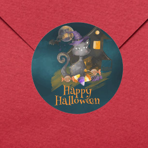 Sticker Rond Aquarelle Chat noir avec bonbons, Halloween