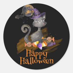 Sticker Rond Aquarelle Chat noir avec bonbons, Halloween