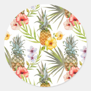 Sticker Rond Aquarelle Chic Fleurs tropicales Ananas Feuille