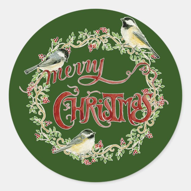 Sticker Rond Aquarelle Chickadee Birds Joyeux Noël Wreath (Devant)