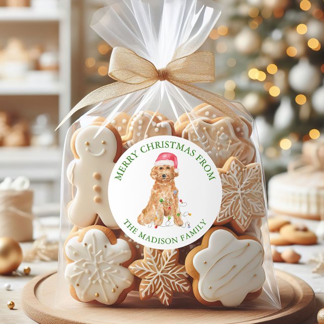 Sticker Rond Aquarelle Chien Père Noël de Noël (Créateur téléchargé)