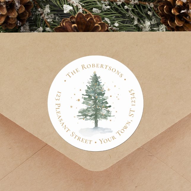 Sticker Rond Aquarelle Christmas Pine Tree Adresse de retour (Créateur téléchargé)