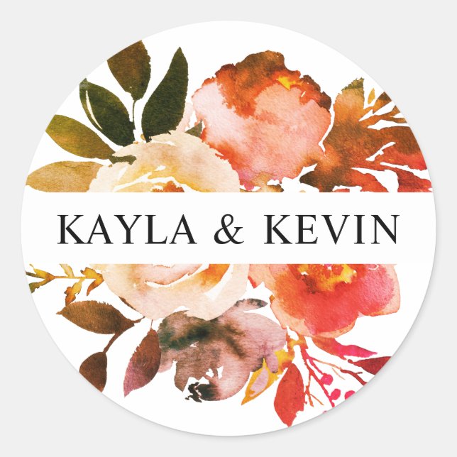 Sticker Rond Aquarelle Chute brûlé Orange Mariage Floral (Devant)