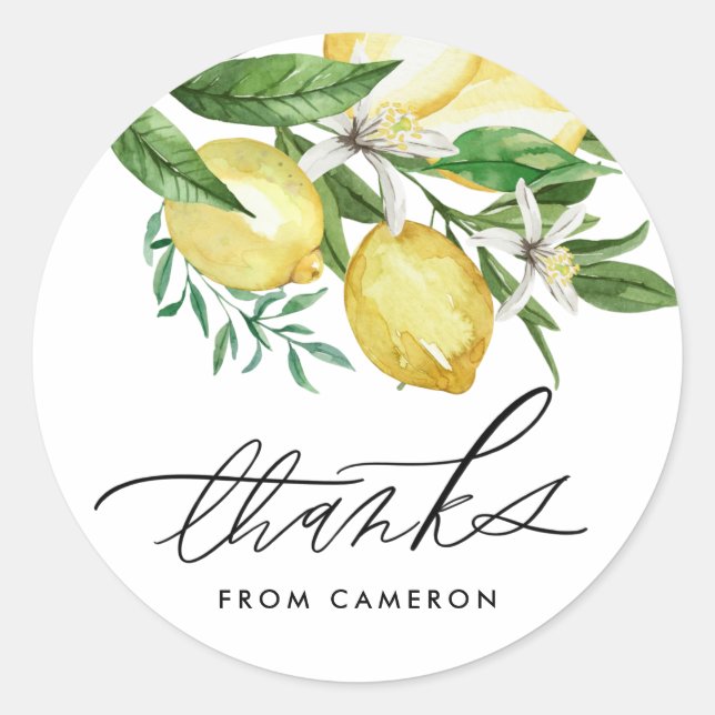 Sticker Rond Aquarelle Citron et fleurs Merci d'anniversaire (Devant)
