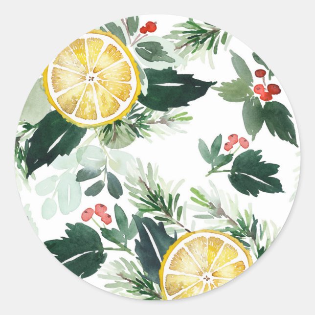 Sticker Rond Aquarelle Citron et Noël Motif Holly (Devant)