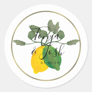 Sticker Rond Aquarelle Citron Lime Limoncillo Faux Or Mariage