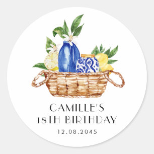 Sticker Rond Aquarelle Citron Panier méditerranéen Anniversaire