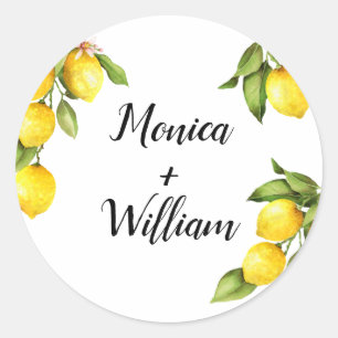 Sticker Rond Aquarelle Citrons jaunes avec verdure et noms