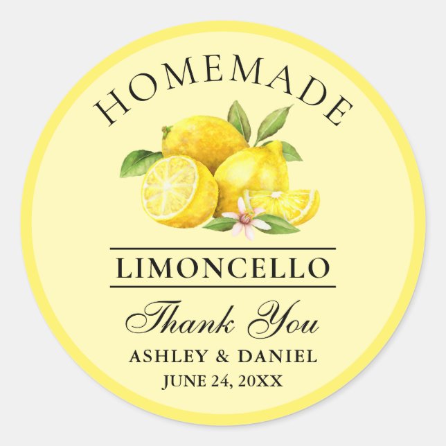 Sticker Rond Aquarelle Citrons Mariages Merci Limoncello Jaune (Devant)