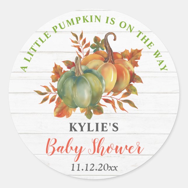 Sticker Rond Aquarelle Citrouille Bois rustique | BABY SHOWER (Devant)