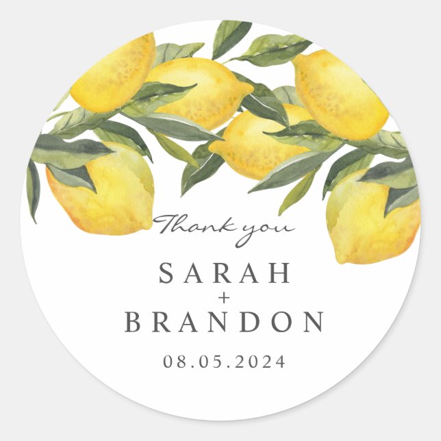 Sticker Rond Aquarelle Citrus Lemon Mariage d'été (Devant)