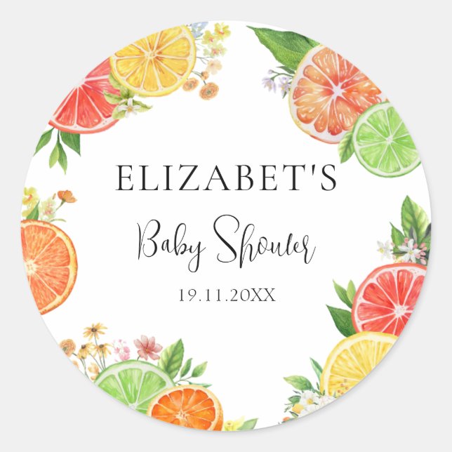 Sticker Rond Aquarelle Citrus Little Cutie Baby shower (Devant)