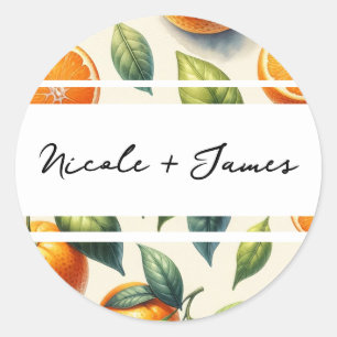 Sticker Rond Aquarelle Citrus Orange Feuille Mariage