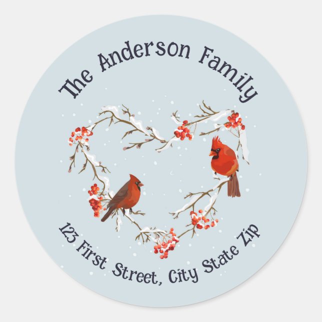 Sticker Rond Aquarelle Coeur de Noël Cardinal Red Bird Art (Devant)