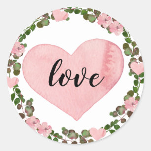 Sticker Rond Aquarelle Coeur rose et Eucalyptus Vert Amour