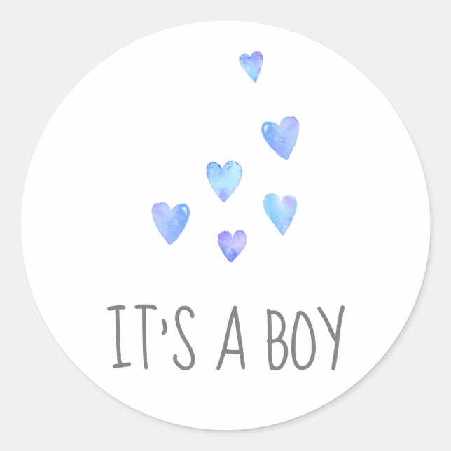 Sticker Rond Aquarelle Coeurs C'est un Baby shower garçon (Devant)
