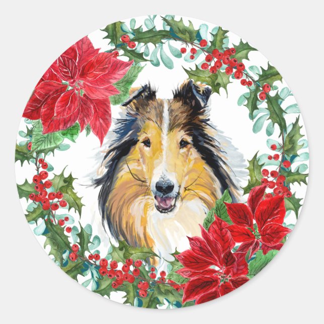 Sticker Rond Aquarelle Collie Chien Poinsettia Vacances Wreath (Devant)