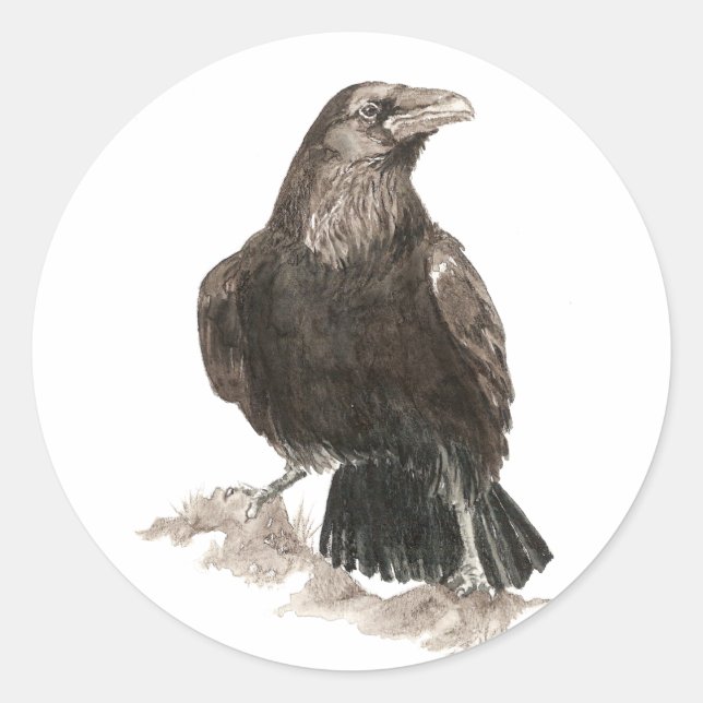 Sticker Rond Aquarelle Corbeau Oiseau Nature Art (Devant)