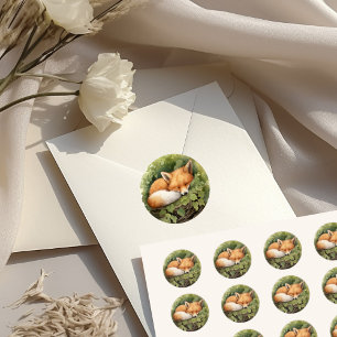 Sticker Rond Aquarelle Couchage Fox Baby shower vert