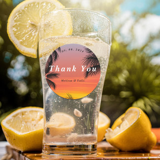 Sticker Rond Aquarelle coucher de soleil plage de palmiers merc