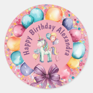 Sticker Rond Aquarelle couleur mignonne Unicorn Anniversaire