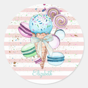 Sticker Rond Aquarelle Crème glacée, Macarons, Bandes roses