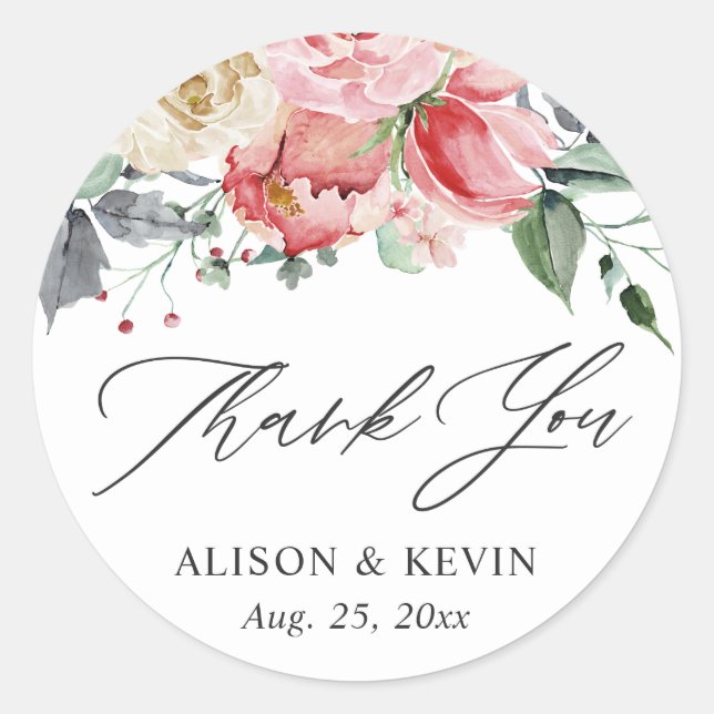 Sticker Rond Aquarelle Crème rose Rose Merci Floral (Devant)