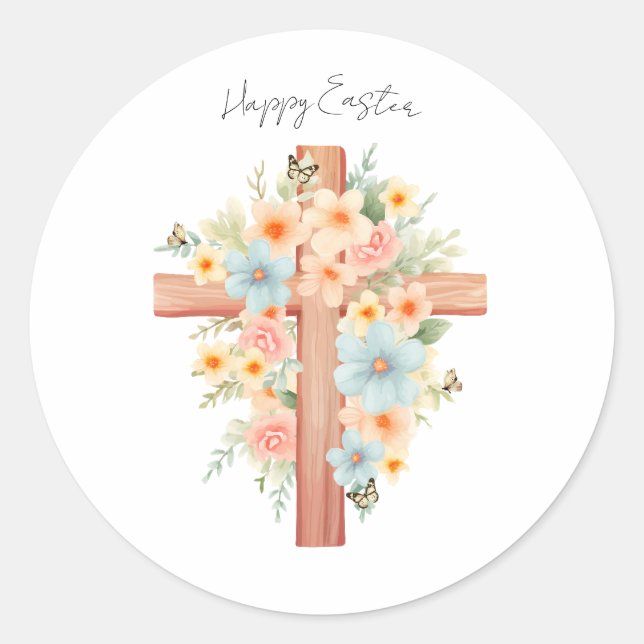 Sticker Rond Aquarelle Croix de Pâques personnalisée (Devant)