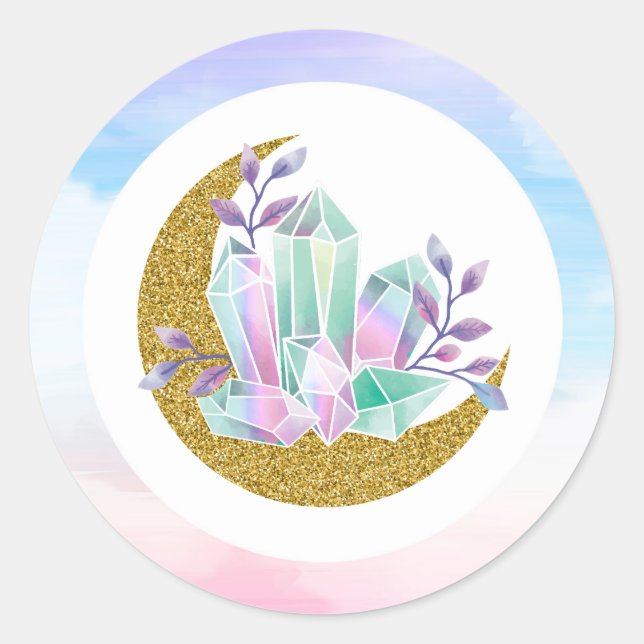 Sticker Rond Aquarelle Crystals & Gold Crescent Moon Boutique (Devant)