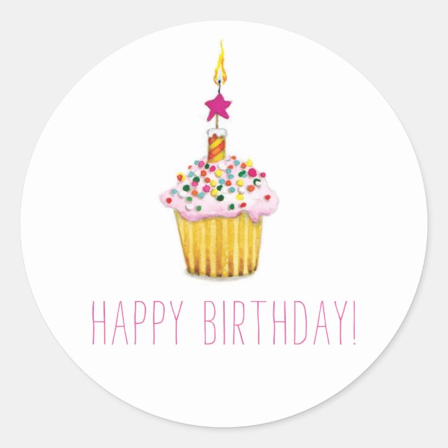 Sticker Rond Aquarelle Cupcake Joyeux anniversaire (Devant)