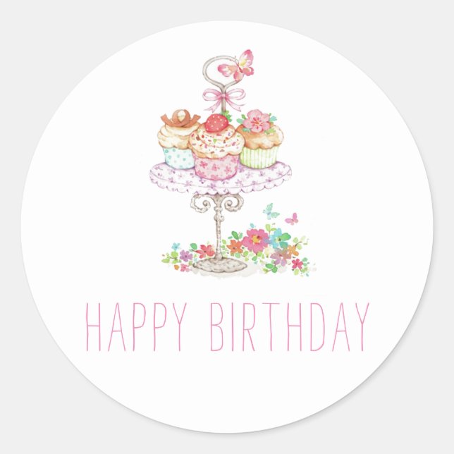 Sticker Rond Aquarelle Cupcakes Joyeux anniversaire (Devant)