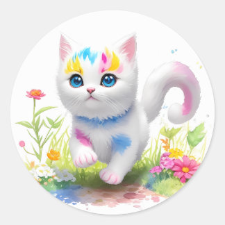 Sticker Rond Aquarelle Cute chat