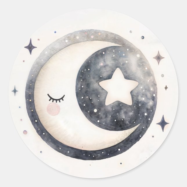 Sticker Rond Aquarelle Cute Crescent Moon et Stars (Devant)