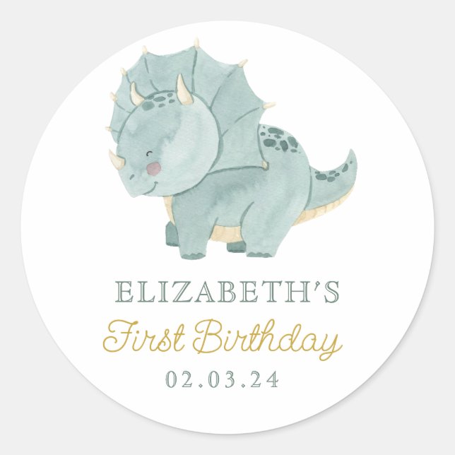 Sticker Rond Aquarelle Cute Dino Anniversaire (Devant)