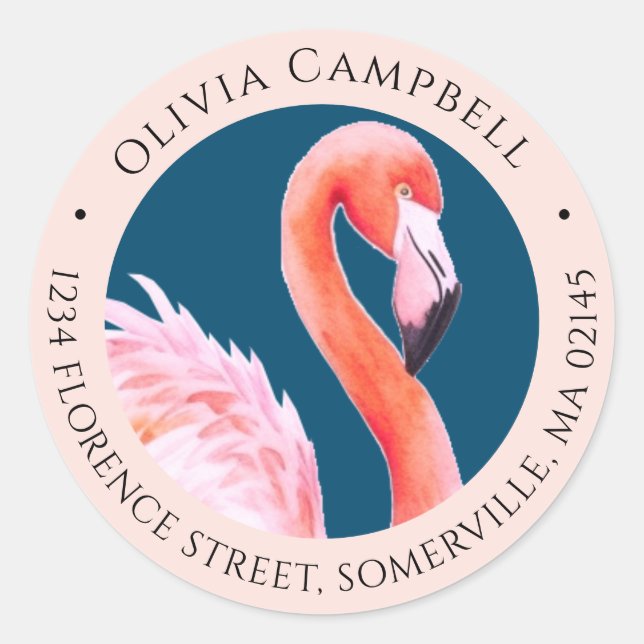 Sticker Rond Aquarelle Cute Flamant rose rose Bleu Adresse (Devant)