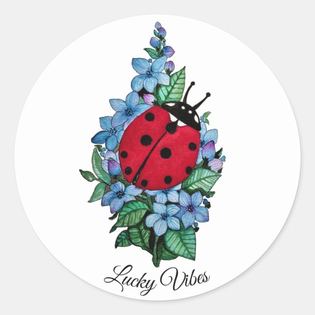 Sticker Rond Aquarelle Cute Ladybird Avec Fleurs Bleues Sauvage (Devant)