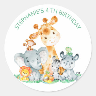 Sticker Rond Aquarelle Cute Safari Jungle Animaux Anniversaire
