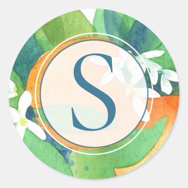 Sticker Rond Aquarelle d'agrumes de fleurs d'orange Monogramme (Devant)