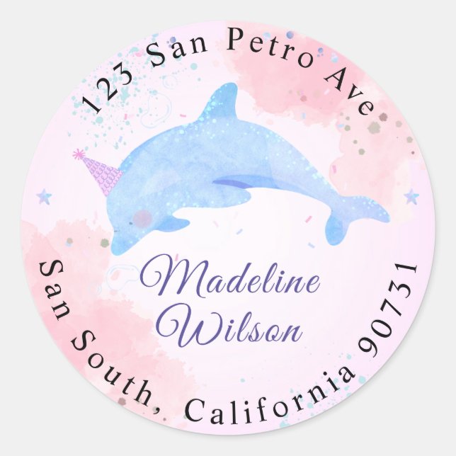 Sticker Rond Aquarelle Dauphin Sous La Mer Adresse De Retour (Devant)