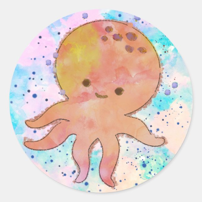 Sticker Rond Aquarelle de caricature de poulpe mignonne (Devant)