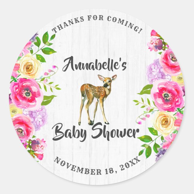 Sticker Rond Aquarelle de cerf Fawn Baby shower Floral Merci (Devant)