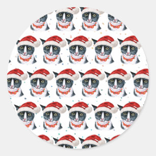 Sticker Rond Aquarelle de chat noir et blanc de Noël amusant