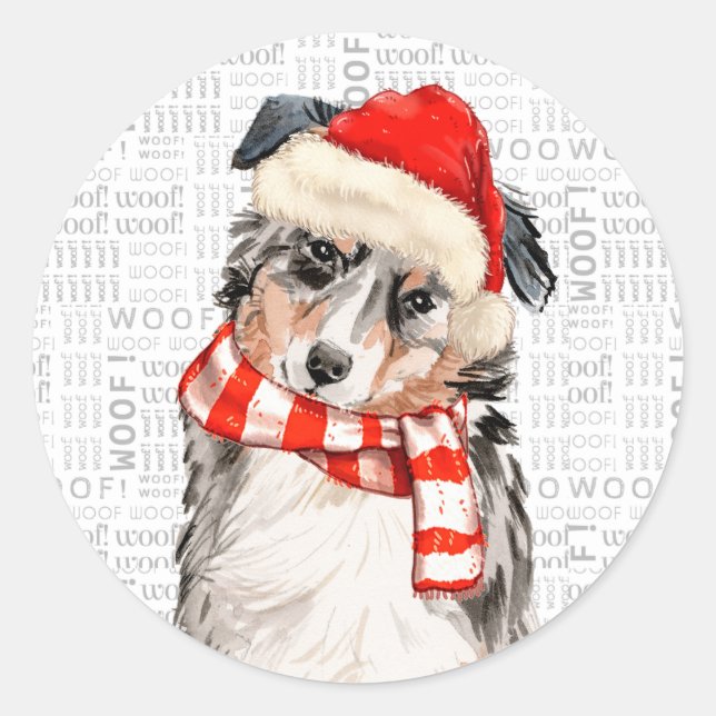 Sticker Rond Aquarelle de chien berger australien Père Noël (Devant)