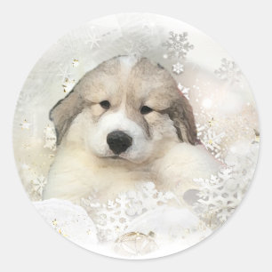 Sticker Rond Aquarelle de chiot de Grands Pyrénées de vacance