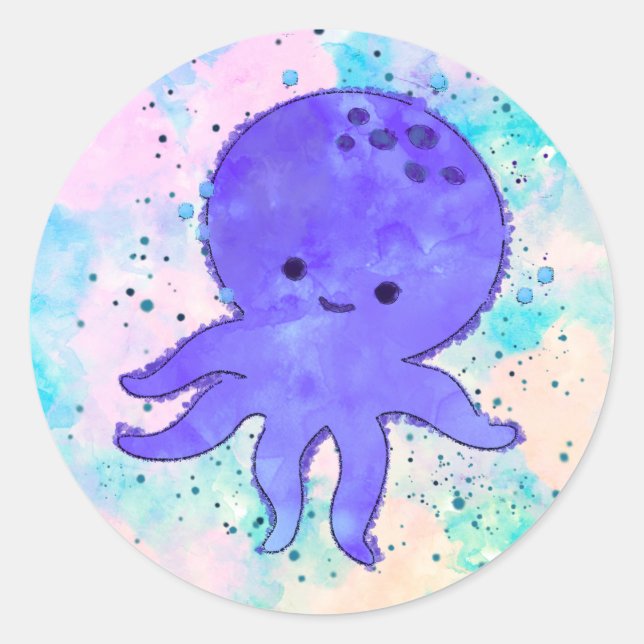 Sticker Rond Aquarelle de dessin bleu octopus (Devant)